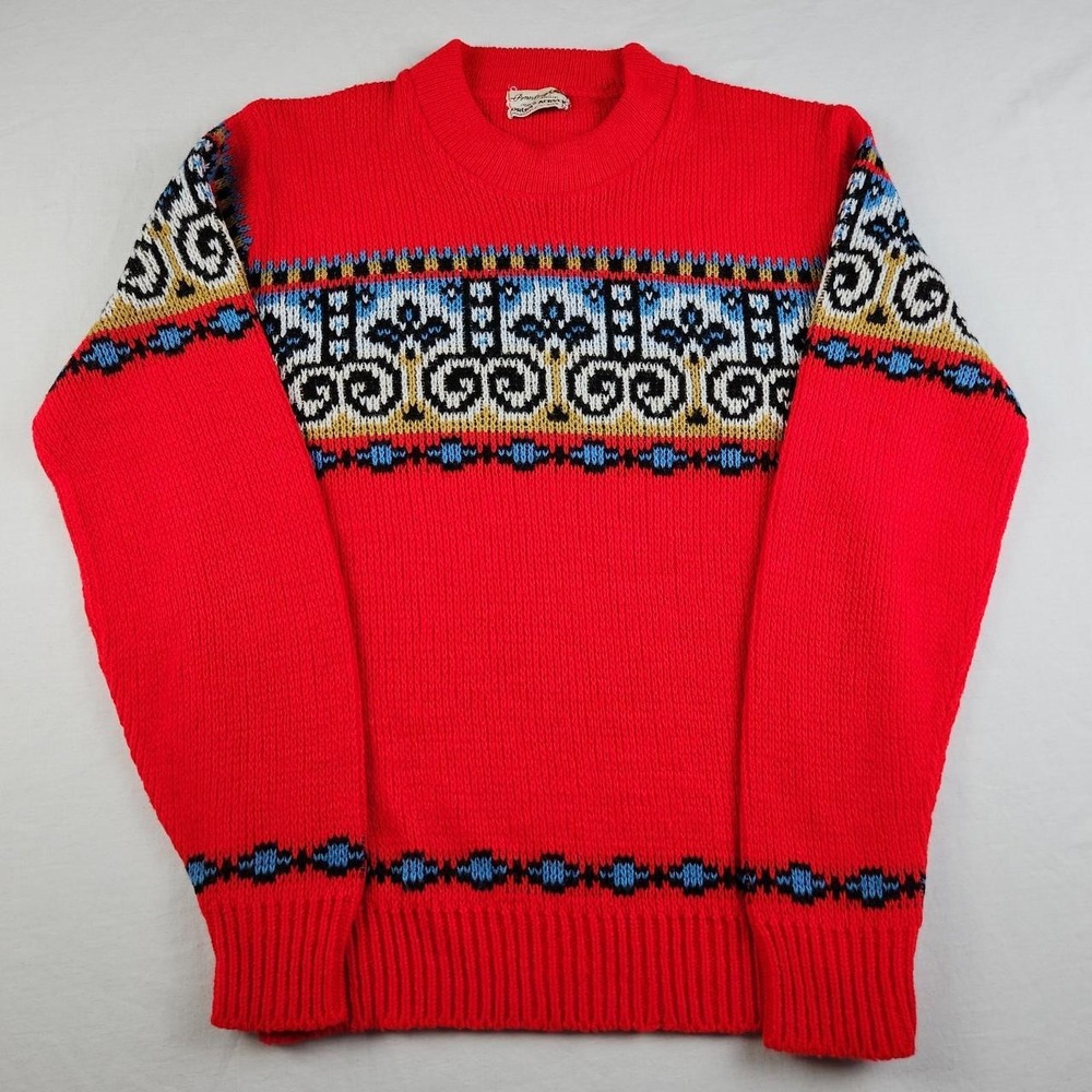 Pennleigh Vintage 70s 80s Red Geometric Abstract Knit Sweater Size 18 Small